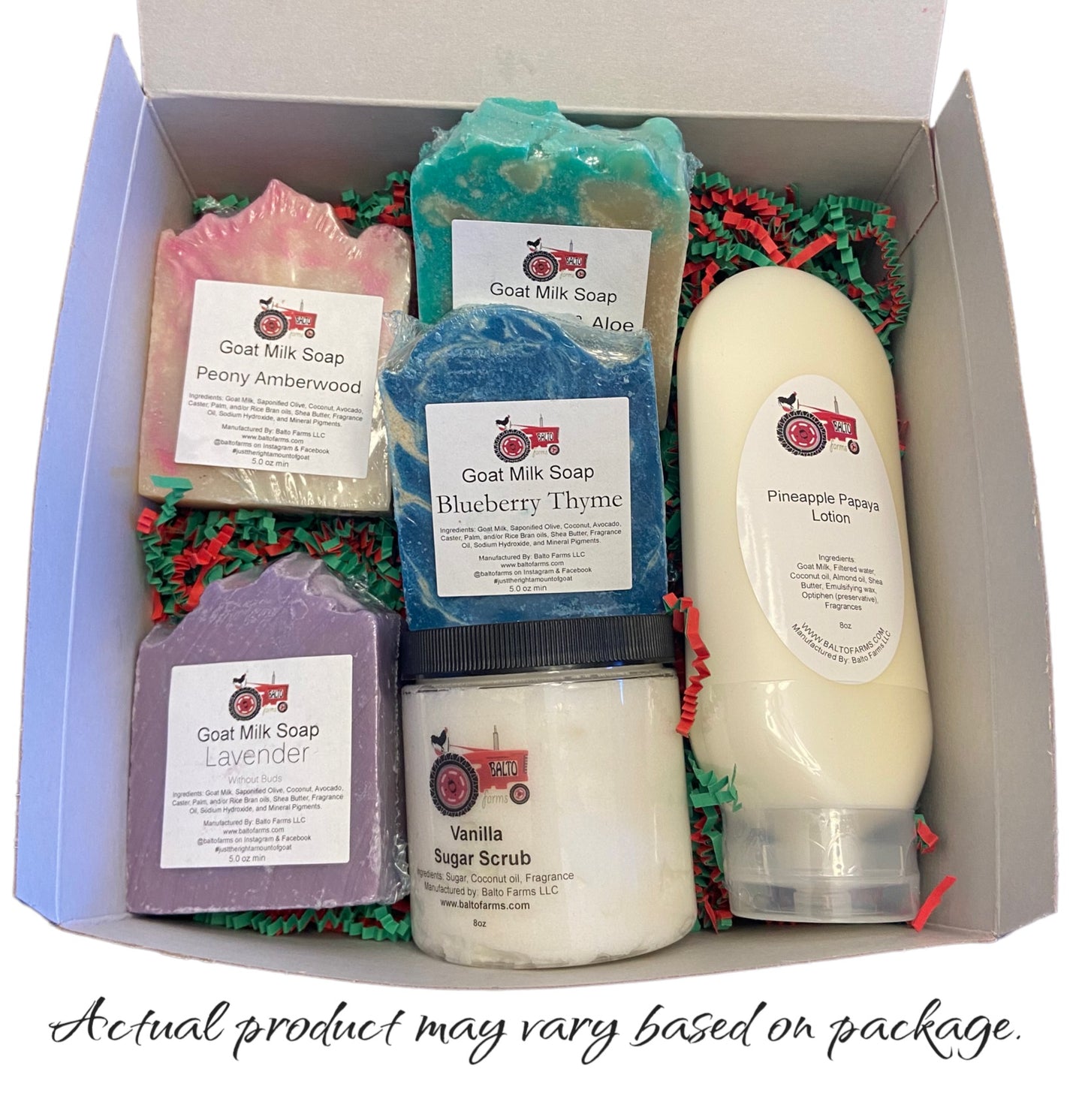 box with soap, scrub, and lotion